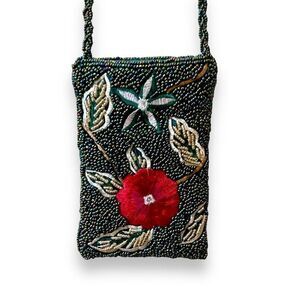 Vintage Beaded Floral Mini Crossbody Bag With Braided Strap Dark Green Bohemian